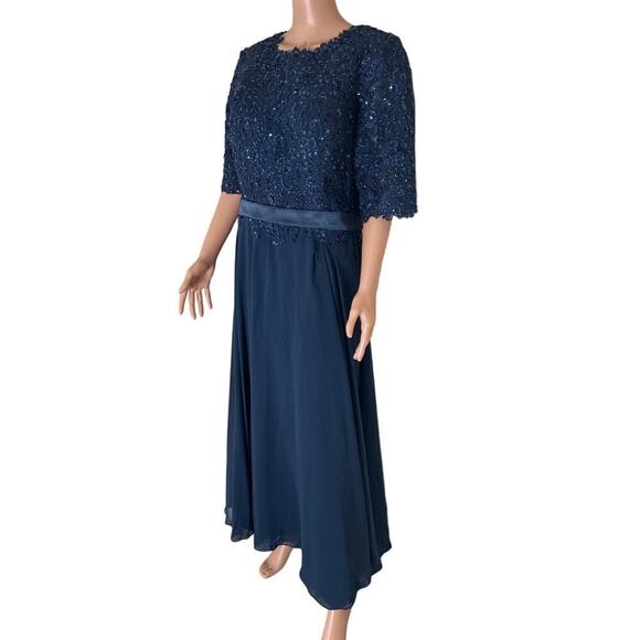 JJ's House A-line Boat Neck Illusion Maxi Lace Chiffon Dress Sequins Navy Blue - Picture 3 of 9